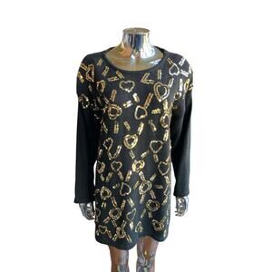 Vintage BLK|Gold Love Sequins Sweater Dress